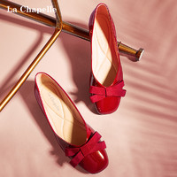 拉夏贝尔红色单女鞋2021春季新款软漆皮玛丽珍浅口圆头平底鞋（35、可爱粉）