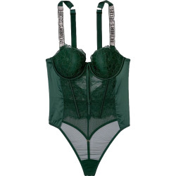 维多利亚的秘密 维密 水钻logo肩带花漾蕾丝透明网纱薄衬垫连体衣