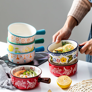 日式ins网红创意餐具好看可爱单个手柄烤碗沙拉早餐陶瓷面碗家用（喜庆吉红单柄碗）