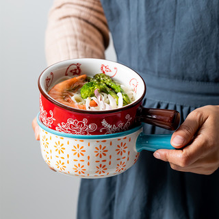 日式ins网红创意餐具好看可爱单个手柄烤碗沙拉早餐陶瓷面碗家用（蝶恋花单柄碗）