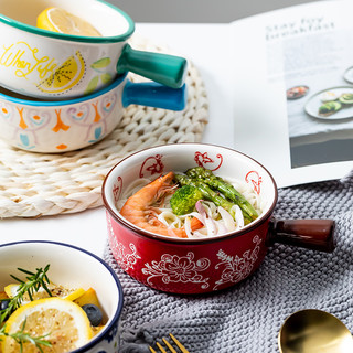 日式ins网红创意餐具好看可爱单个手柄烤碗沙拉早餐陶瓷面碗家用（夏日柠檬单柄碗）