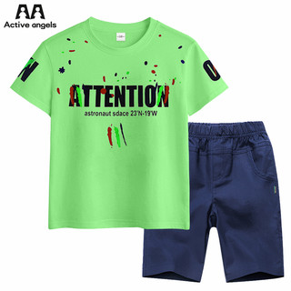 童装男童夏装套装2021年夏季儿童运动短袖短裤男孩帅气小孩衣服潮（笑脸绿+蓝裤、130cm ）