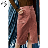 丽丽Lily女装灯芯绒前开叉毛边直筒裙半身裙