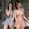 2021新款OM韩国泳衣女连体裙式保守高腰修身显瘦少女学生三亚度假（L、灰色）