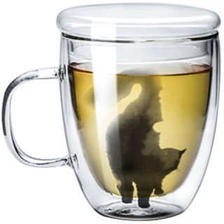 九土马克杯办公手工双层玻璃杯猫咪杯子把手咖啡杯水杯网红泡茶杯（藍D加盖）