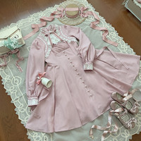 香甜芬芳lolita Lolita洛丽塔 花期将至 女士OP有袖连衣裙 灰粉色 L