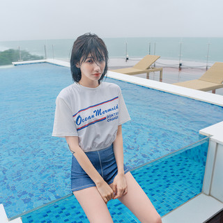 OM泳衣女韩国ins运动复古少女平角裤三件套泳衣分体三亚泡澡服（M、白色）