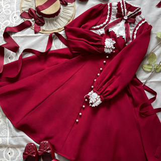 香甜芬芳lolitalolita洛丽塔花期将至女士op有袖连衣裙酒红色s