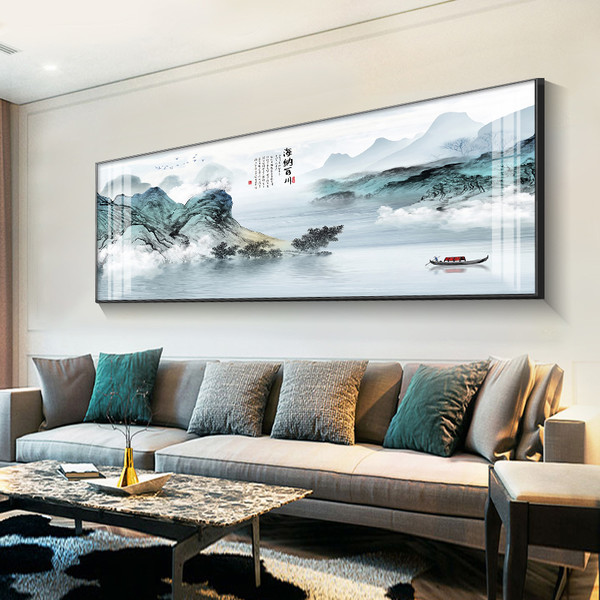 瑞尚 新中式大气山水画横版装饰画《家和富贵》170x60cm 铝合金边框 晶瓷面