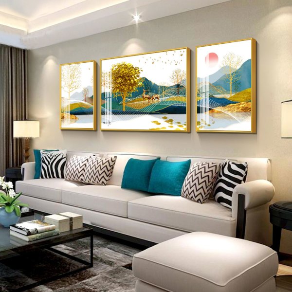 8元】简约装饰画_瑞尚 现代简约轻奢三联画 背靠金山 中组合左右50x
