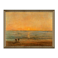 雅昌 杜比尼《落日与渔夫》114x85cm 油画布 典雅栗实木框