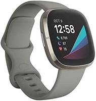 fitbit Fitbit Sense 高级智能手表,带工具,用于心脏*,压力管理和皮肤温度趋势,鼠尾草灰色/银色,均码(含长表带)