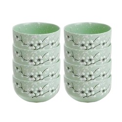 竹木本记 雪花釉腊梅 陶瓷碗 4.5英寸8个 绿色