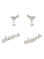 Silvertone & Cubic Zirconia 'Cheers' & Martini Glass Stud Earring Set