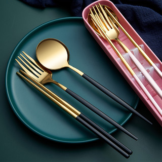 304不锈钢筷子勺子叉套装便携餐具三件套旅行单人学生外带收纳装（粉金三件套（收藏加购送 盒子跟水果叉））