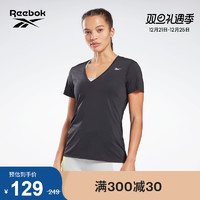 Reebok 锐步 官方2021新款女子GI4999基础LOGO修身V领运动短袖T恤