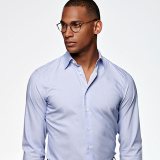 SUITSUPPLY-Traveller中蓝色棉细条纹经典领免烫商务男士衬衫（42/7、蓝色）