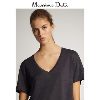 Massimo Dutti女装 商场同款 新款亚麻V领T恤女士宽松休闲短袖 06862895407