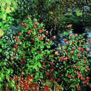 雅昌 克劳德·莫奈 Claude Monet《霍谢德家的花园在蒙裘隆》70x75cm 油画布 典雅栗实木框