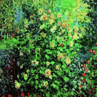 雅昌 克劳德·莫奈 Claude Monet《霍谢德家的花园在蒙裘隆》70x75cm 油画布 典雅栗实木框