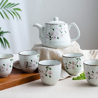 全适 日式茶具套装一壶五杯茶具樱花陶瓷手绘茶具套装一壶五杯