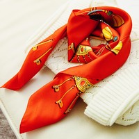 良渚文化 图腾万事利丝巾 桑蚕丝 长款围巾红色
