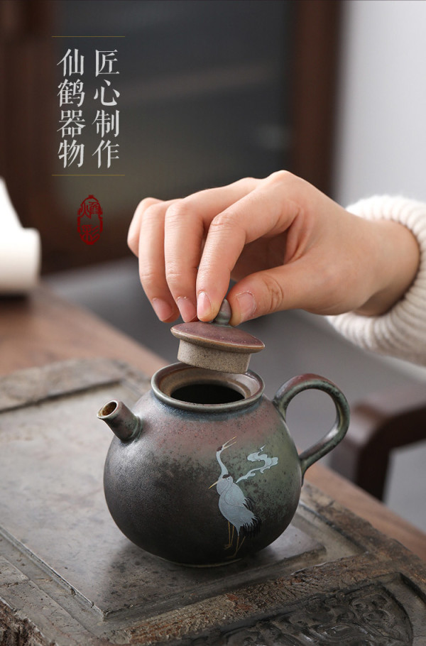 瑞鹤呈祥水滴壶粗陶窑变焕彩复古茶壶泡茶壶