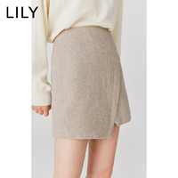 LILY新款女装高腰显瘦修身A字短裙不规则斜纹羊毛半身裙（160/66A/M、714灰卡其）