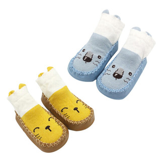 欧育 B1012 婴儿中筒地板袜 蓝色+黄色 14cm