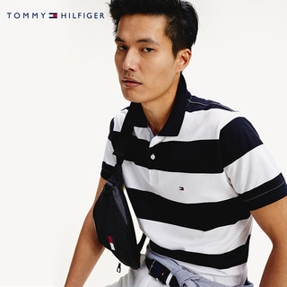 Tommy 男装时尚纯棉条纹小绣标修身短袖POLO衫MW0MW13742（XXL、蓝白条纹0A6）