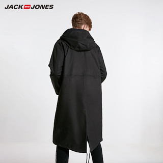 JackJones杰克琼斯outlets秋季男士连帽字母胶印纯棉长款风衣外套（170/92A/S、E40黑色）