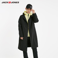 JackJones杰克琼斯官方outlets春男士休闲抽绳连帽中长款风衣外套（175/96A/M、E40黑色）