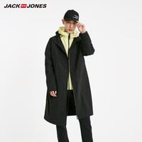 JackJones杰克琼斯官方outlets春男士休闲抽绳连帽中长款风衣外套(175/96A/M、E40黑色)