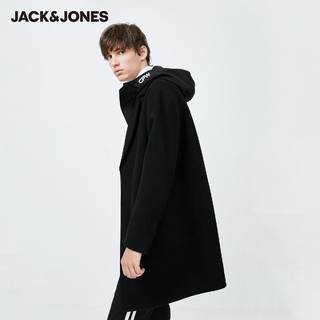 JackJones杰克琼斯秋冬韩版男纯色两穿可拆连帽毛呢外套男中长款（170/92A/S、E40黑色）