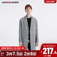 JackJones杰克琼斯官方outlets秋季男千鸟格纹中长款大衣外套上衣（170/92A/S、E40黑色）