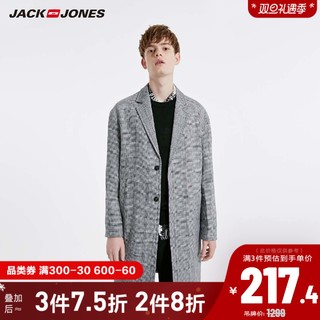 JackJones杰克琼斯官方outlets秋季男千鸟格纹中长款大衣外套上衣（170/92A/S、E40黑色）