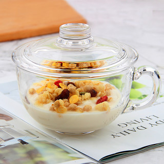 钢化玻璃杯金边杯大容量早餐燕麦杯家用牛奶杯微波炉耐热加厚带盖（玻璃杯，可开水(2只）+送2勺子）
