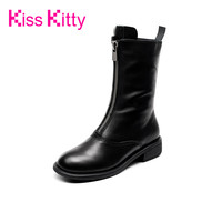 Kiss Kitty新款前拉链guidi鬼帝马丁靴女中筒靴短靴春秋单靴（39、黑色牛皮革）
