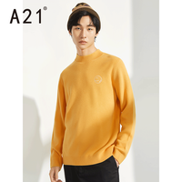 A21秋年男装新款女情侣合体半高领绣花上衣长袖潮流毛衣(170/84A/M、黄色)