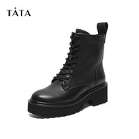 【双11预售】Tata他她冬专柜同款米白牛皮革马丁靴拉链厚底女短靴（39、黑色(绒里)）
