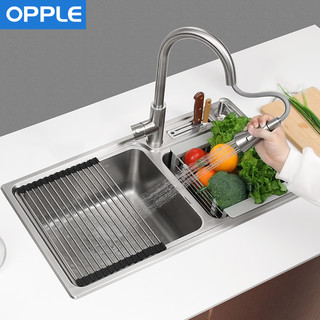 OPPLE 304不锈钢大双槽水槽加厚洗菜盆洗碗池水池带龙头套装Q（304套餐72*38 配304冷热龙头）