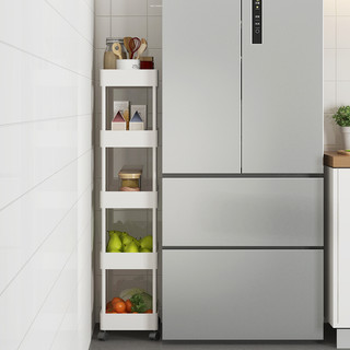 厨房冰箱夹缝隙收纳置物架落地多层带轮可移动蔬菜侧边窄缝小推车（三角白色四层（斜边25.8 高90CM））