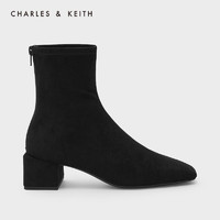 CHARLES＆KEITH21秋新品CK1-90580142女士复古方头中跟及踝靴 BLACK TEXTURED黑色纹理 38