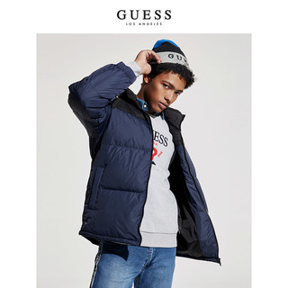 GUESS秋冬情侣款男士字母LOGO羽绒服-MJ4W8895K（XL、NVY-深蓝色）