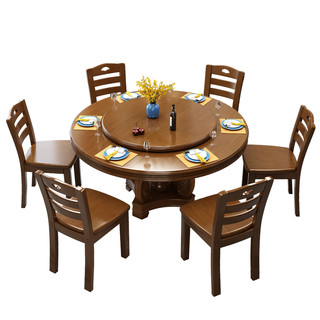 全实木餐桌带转盘圆形饭桌大圆桌子8人10人家用经济型餐桌椅组合