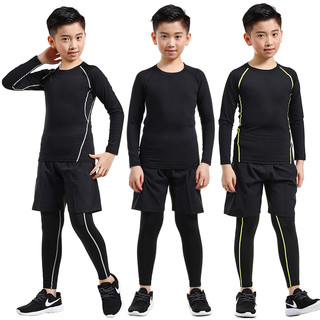 儿童紧身衣训练服速干衣男童秋冬篮球足球打底运动健身服套装男孩（L适合170-175高，120-135斤左右、加绒款-全黑色三件套）