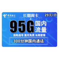 中国电信 电信长期翼卡 29包每月95G全国流量+300分钟