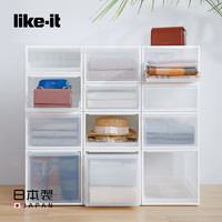 likeit日本制抽屉式收纳箱衣服储物箱透明托盘整理箱塑料收纳柜（日本制、收纳托盘(无前面板)-白色M号(宽32*深50.5*高21.5)cm）