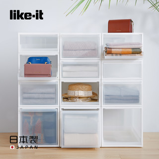likeit日本制抽屉式收纳箱衣服储物箱透明托盘整理箱塑料收纳柜（日本制、收纳托盘(无前面板)-白色M号(宽32*深50.5*高21.5)cm）