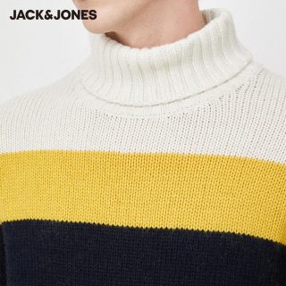 JackJones杰克琼斯outlets男秋冬含羊绒撞色条纹高领针织衫毛衣（175/96A/M、A06奶白色）